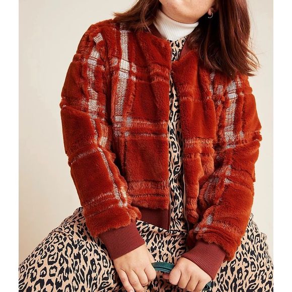Anthropologie Teddy Bomber Jacket Pockets Lined Plaid Orange Red XS - Picture 8 of 8